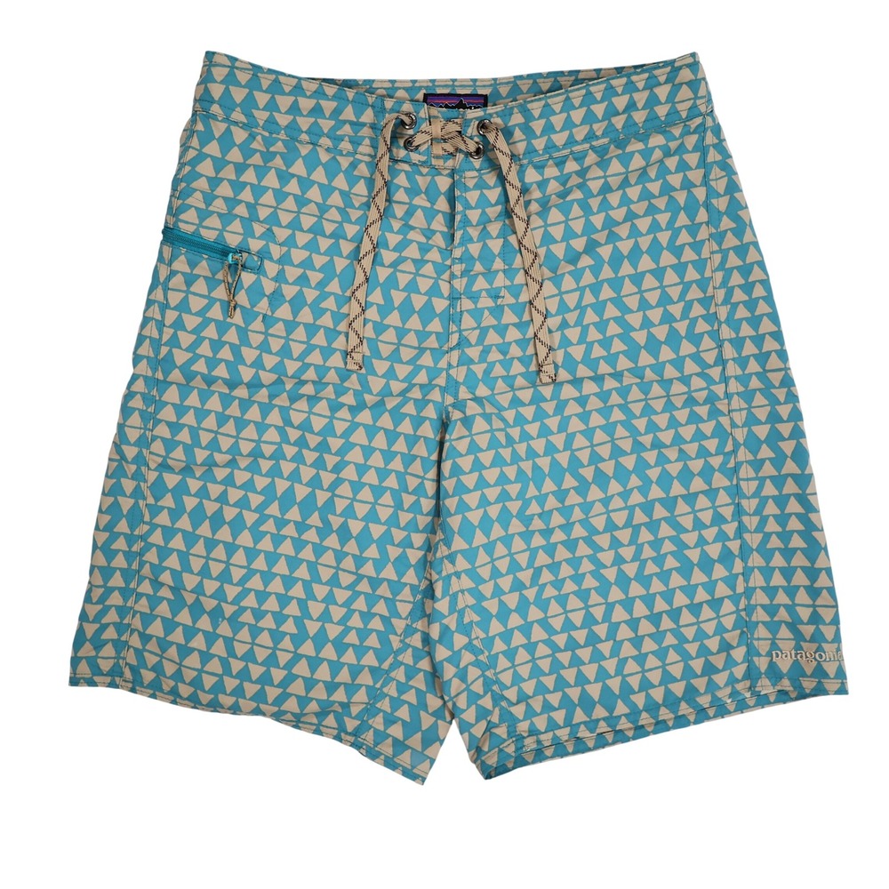 PATAGONIA Men's 30 Teal Tan Geometric Print Wavefarer Board Shorts Swim Trunks